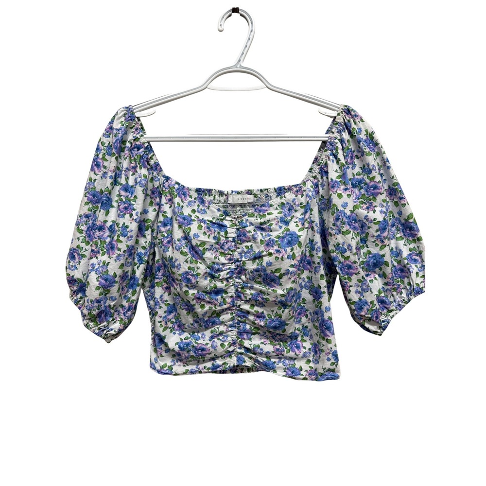 LUSH (Blue)‎ Floral Puff Sleeve Crop Top Womens Medium Cottage Casual Trendy